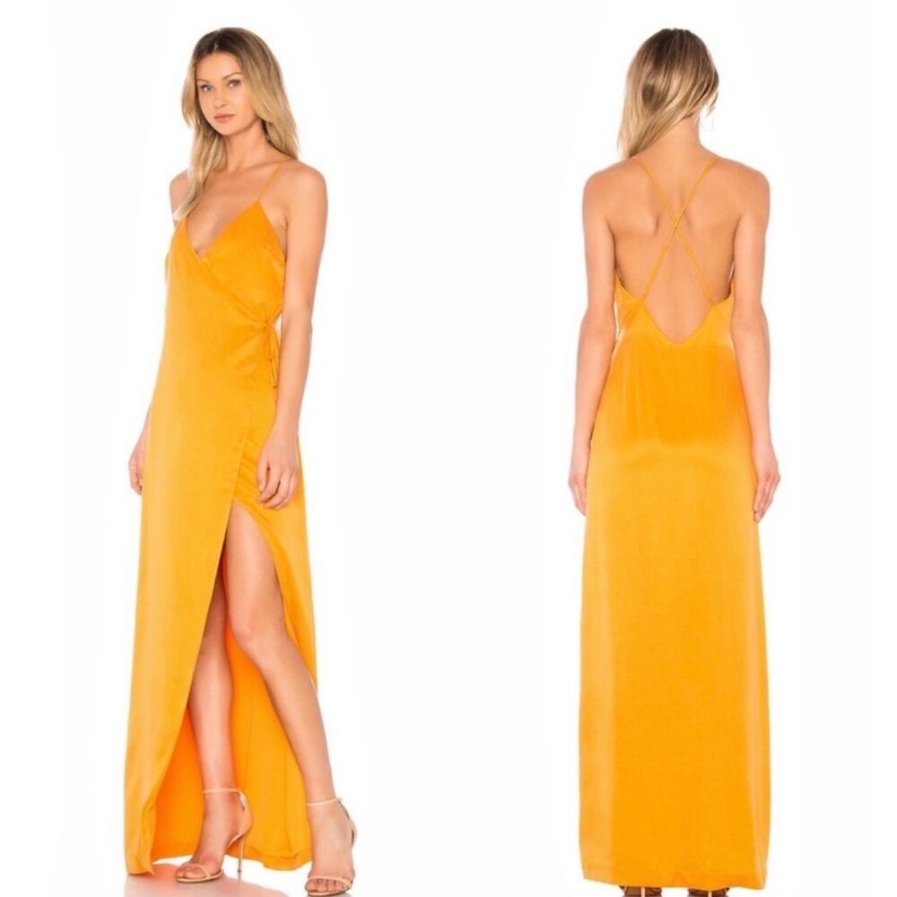 NBD Esperanza Marigold Buttercup Gown Deep V-Neck Wrap Front Slit Maxi Dress XS